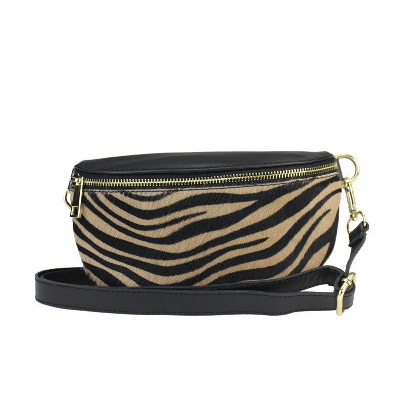 Riñonera Cebra Camel de Cuero Simona | Hecho en Italia