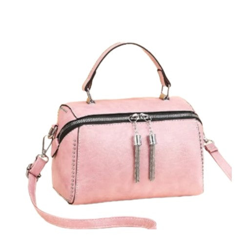 Bandolera Cartera Ecocuero Rosada con tachas para mujer-www.laborsetta-carteras.com