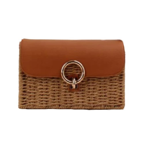 Cartera tejida camel con ecocuero para mujer